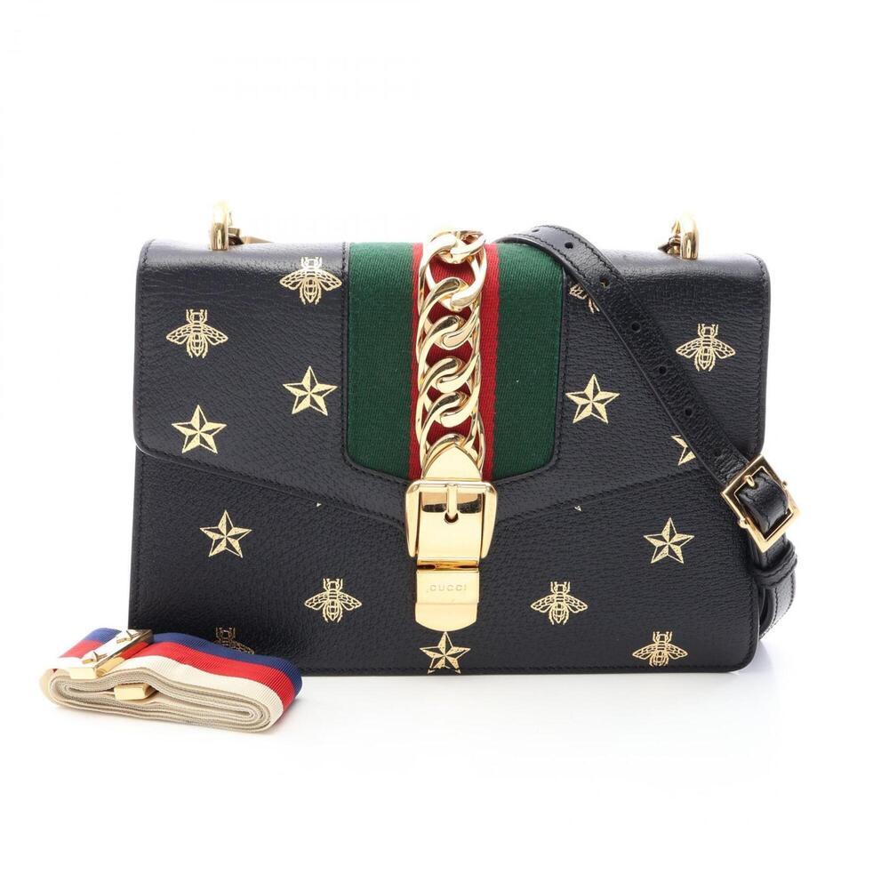 Gucci Sylvie Sherry Line Bee Star Shoulder Bag/Handbag, Leather, Women's, Bla...